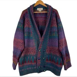 CRISPIN Vintage Cardigan Jacket Size L Pure Wool Made in England Green Red